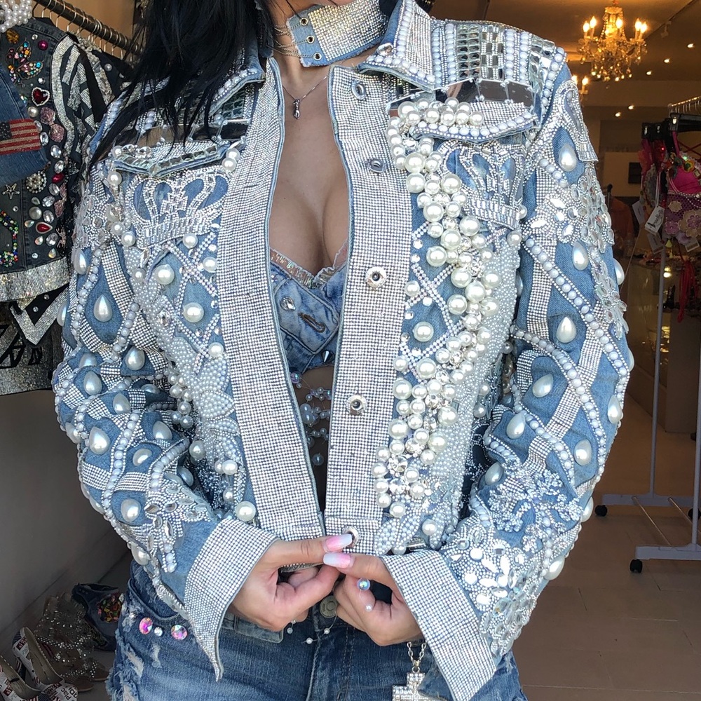 Luxury pearls denim jacket